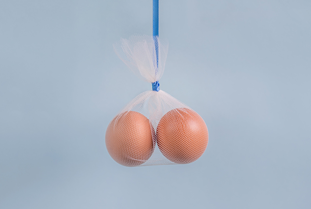 Two oranges hang in a mesh bag attached to a blue string.