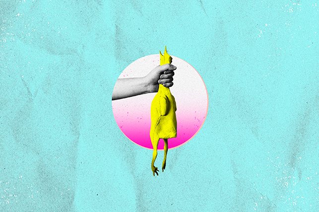 A hand holding a rubber chicken by the neck is pushing through a hole in a bright teal background.