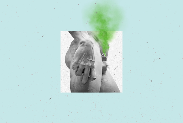 The pelvic region of a marbled statue is pixeled over the penis with green odor emitting on blue background.