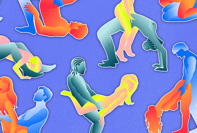 Multiple sex positions are illustrated against a purple-blue background.