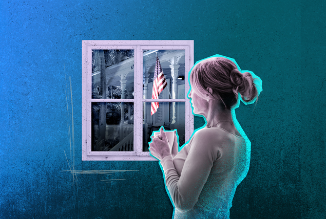 woman holds mug and looks out window at porch with American flag on blue background 