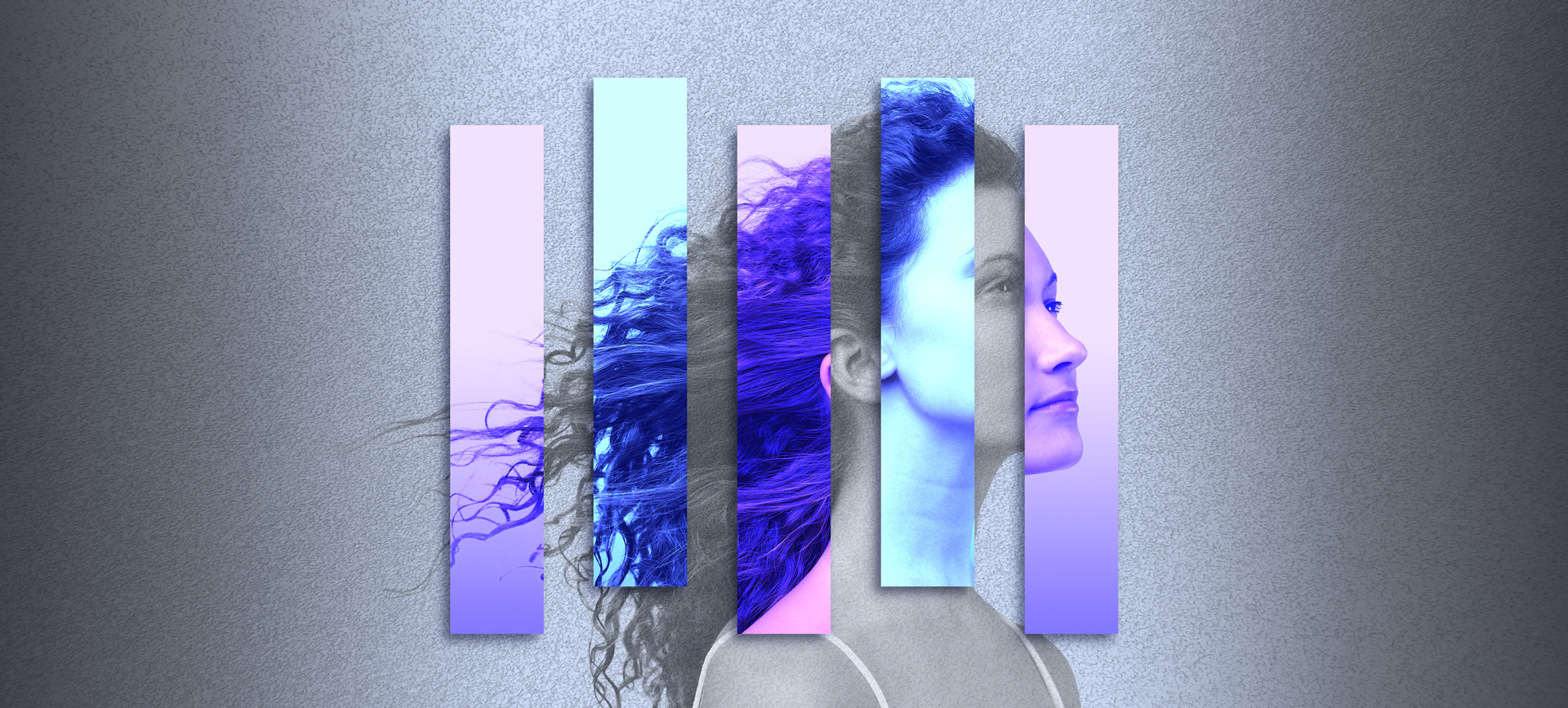 woman with her hair blowing back in black and white with stripes of blue and purple