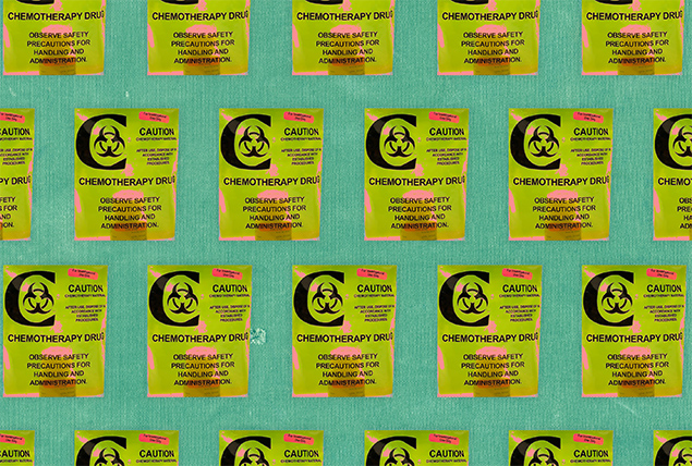 green chemotherapy IV bags on mint background