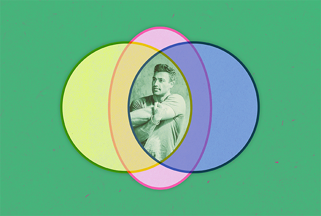 man stretches out his arm in the center of yellow, orange and blue circles on green background