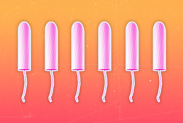 Six pink tampons are lined up in a row against an orange and yellow gradient background.