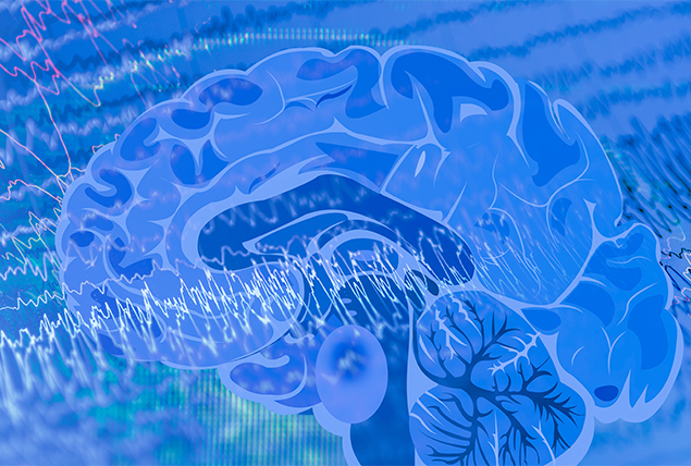 A blue brain is against a blue background of heartbeat meter lines.