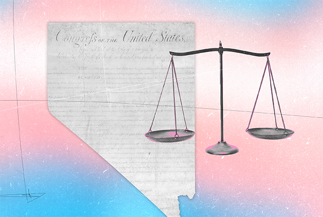 Transgender pride flag marbled background with Nevada state made out of the Constitution with scales of Justice