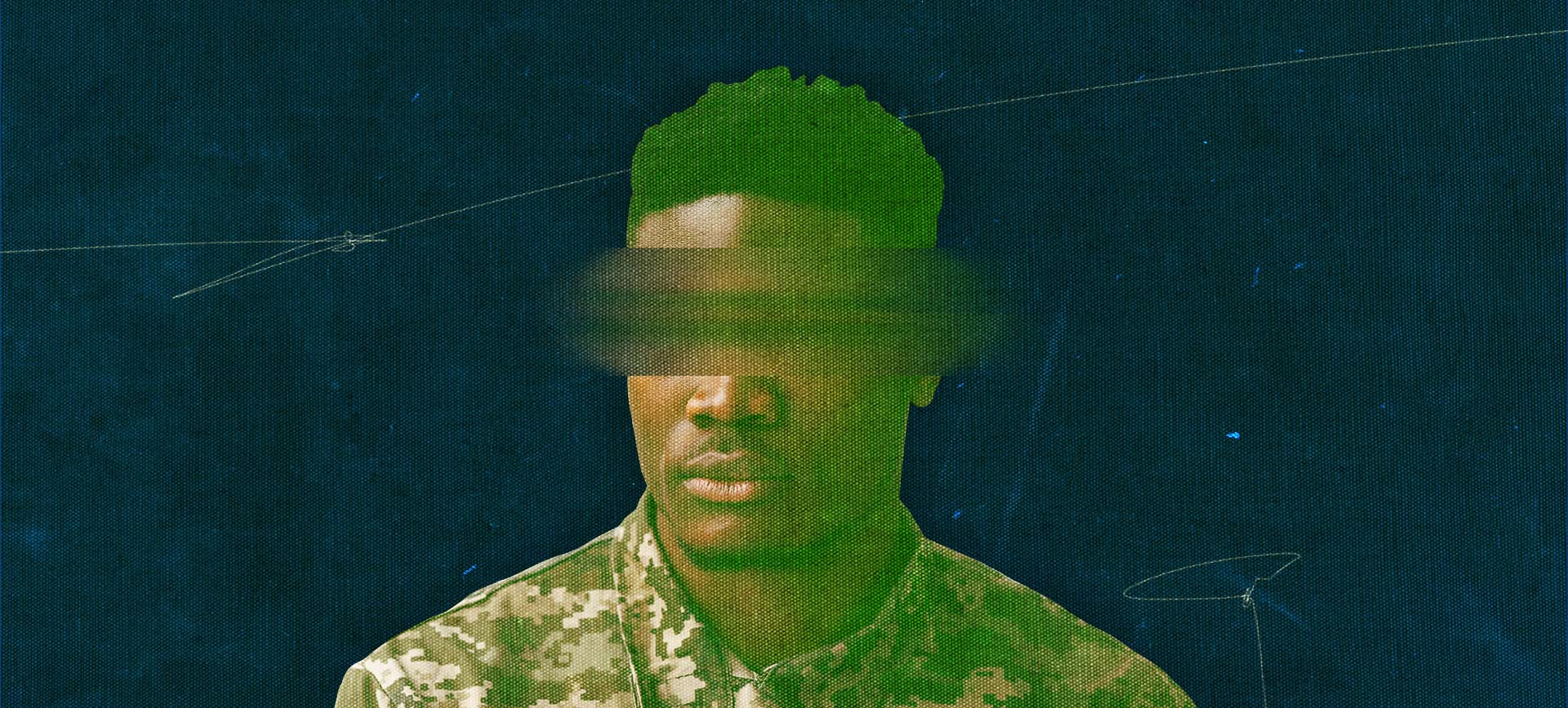 man in camouflage uniform with green tint with smudge out eye on dark navy background