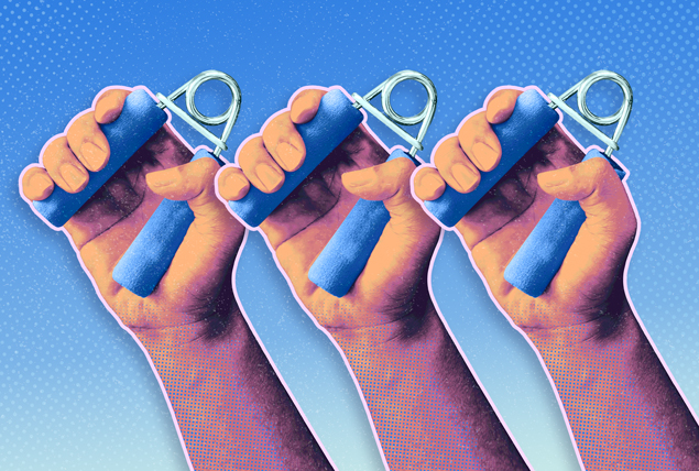 three orange hands holding blue hand grippers on blue gradient background