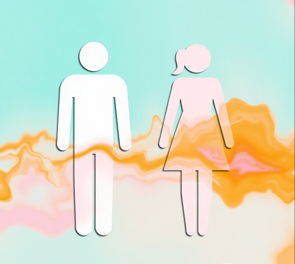 male and female bathroom symbol with teal shadow and orange and pink marbled background