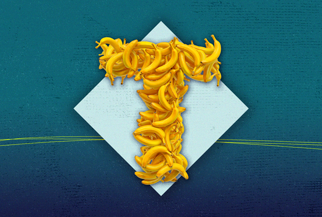 yellow capital T made up of bananas on blue triangle on blue background