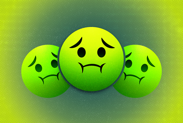green emojis who look like they will vomit on green gradient background