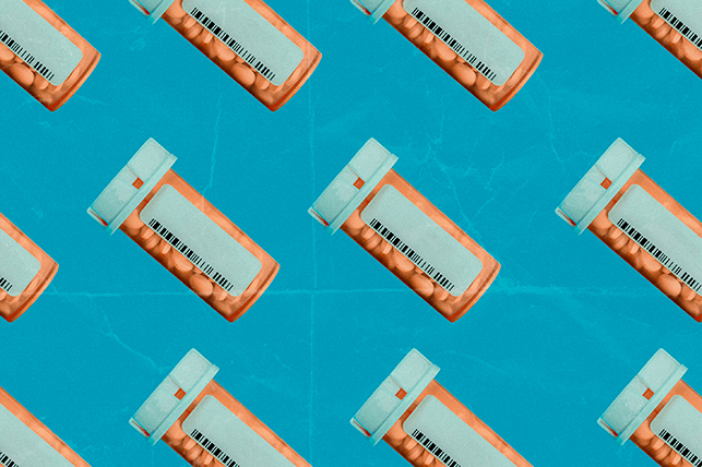 A pattern of ketamine bottles are repeated against a teal background.