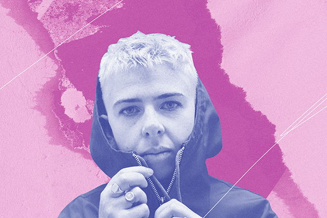 A portrait from Molly Manning Walker's film How to Have Sex is in blue against a pink collage.