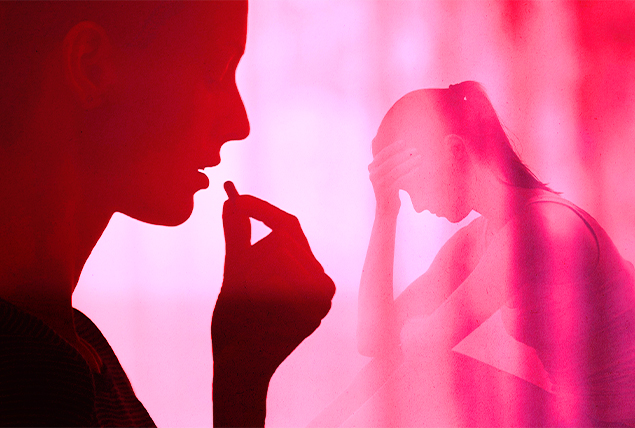 A silhouette of a man is showing him taking a pill while a woman holds her head in the background.