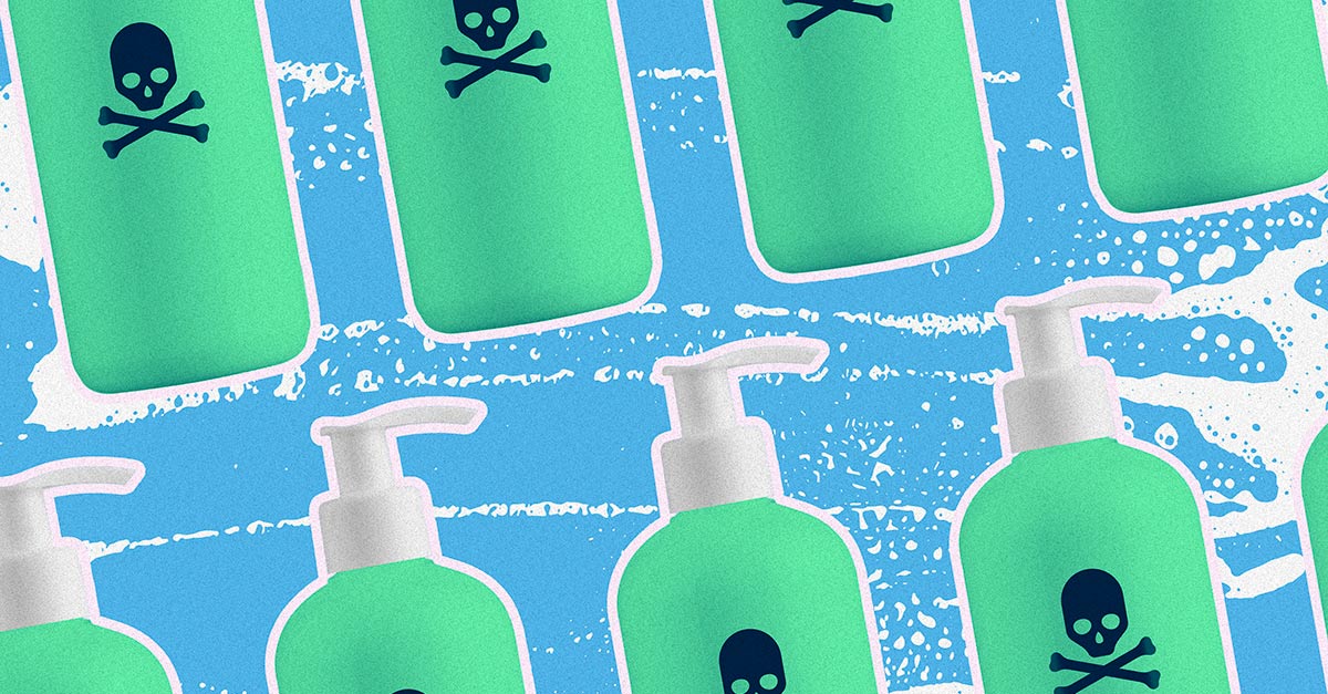 A pattern of green shampoo bottles have a poison symbol on them against a blue and white soapy background.