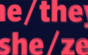 Pronouns are listed in pink against a dark blue background.