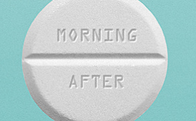 A white pill that says morning after sits against a teal background.