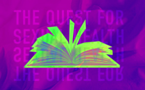 A green polychromic book lays open against a purple background.