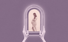 Two hands hold up a window frame showing a pregnant woman against a purple background.