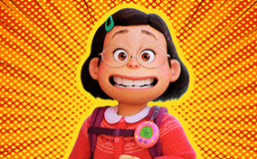 The main character in Turning Red smiles with yellow rays shooting out from behind her.