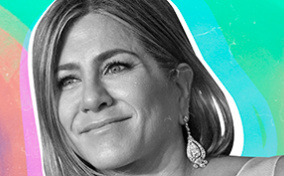 A black and white photo of Jennifer Aniston smiling is on top of a pink, blue, and green background.