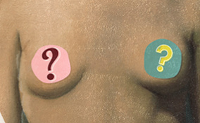 A painting showing the bust of a woman has two question marks over the breasts.