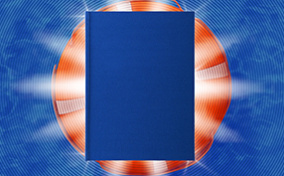 A blue book floats on an orange rescue dingy in blue water, and rays of light beam from behind the book.