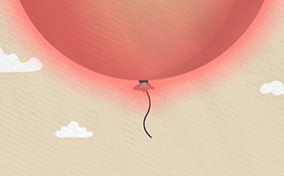 The bottom half of an enormous red balloon shows at the top of the image as it floats upward.