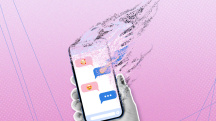 hand holding smartphone as it disappears into dust on pink background