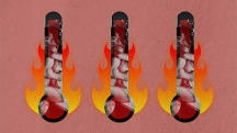 Three temperature vials layer over red and orange flames with a couple embracing in the center.